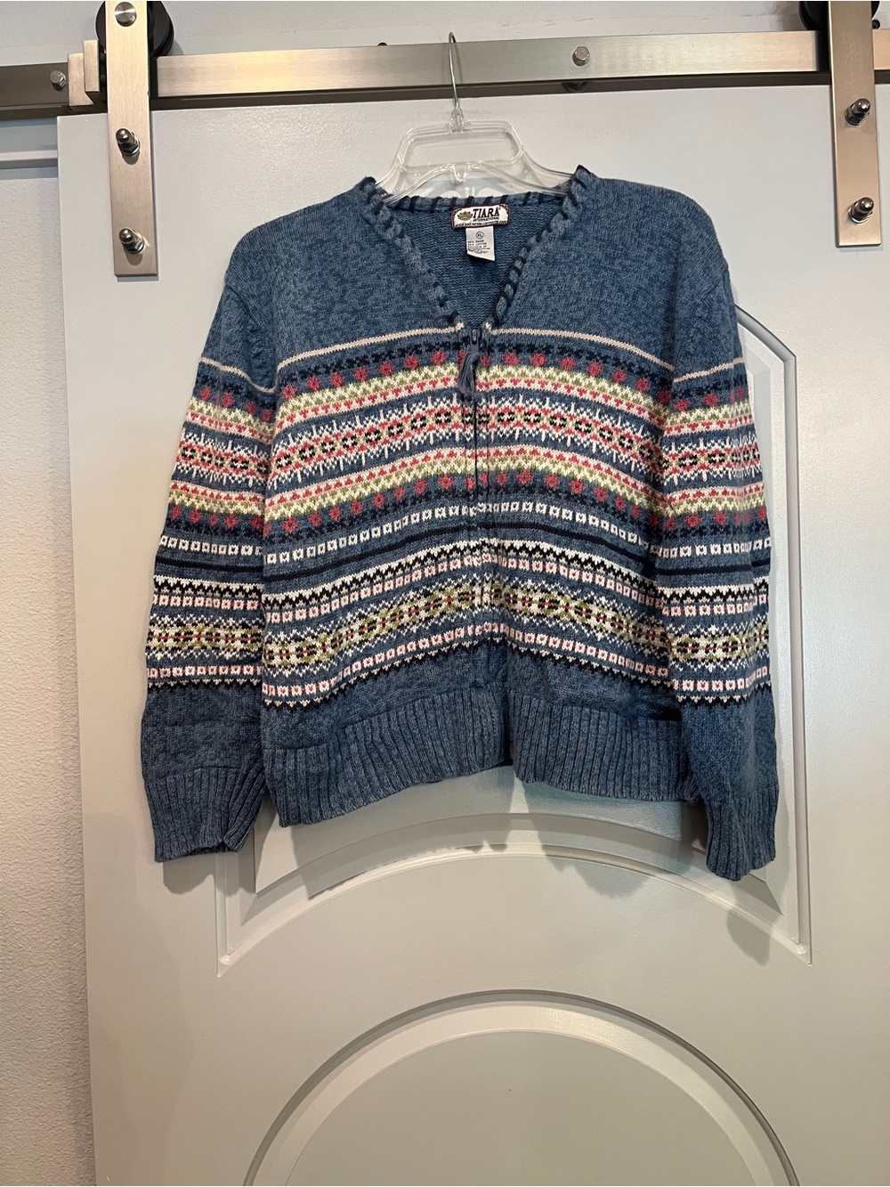 Vintage Tiara Blue Fair Isle style zippered Front Cardigan. Totally cottagecore
